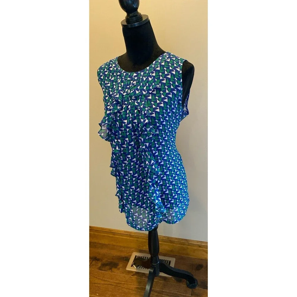 Duro Olowu Blouse  Size XL‎ Sleeveless Sheer Blue Green Geometric Pattern Zipper